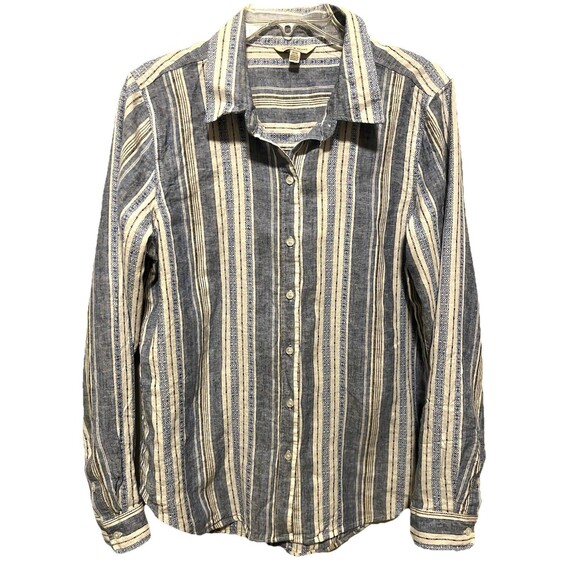 Lucky Brand Tops - Lucky Brand Button Up Linen Blend Blue Striped Blouse Medium Long Sleeve